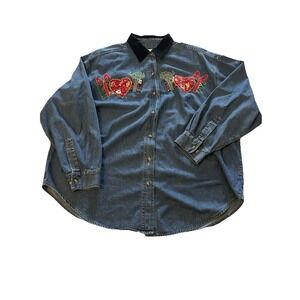Vtg Jane Ashley Womens Holiday Button Up Shirt M Denim Embroidered Velvet Collar